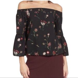 Lost + Wander‎ Black Fleur Floral Off The Shoulder Bell Sleeve Top Size S